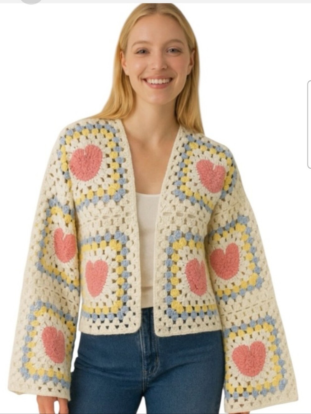 Crochet Heart Square Open Cardigan - Cream, Pink, Yellow, Blue